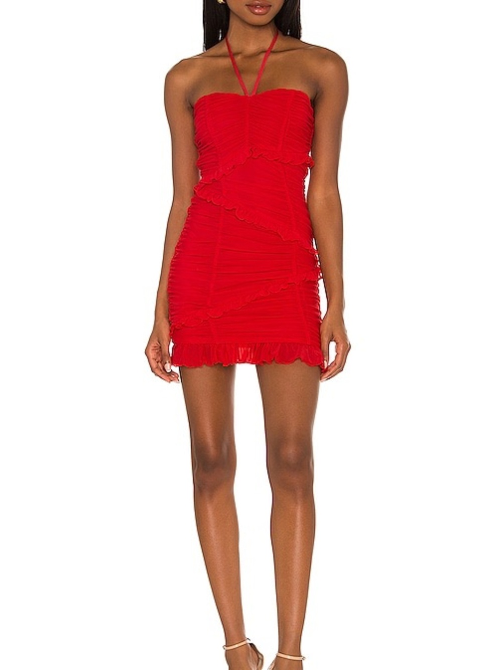 MAJORELLE Red Ruched Halter Mini Dress